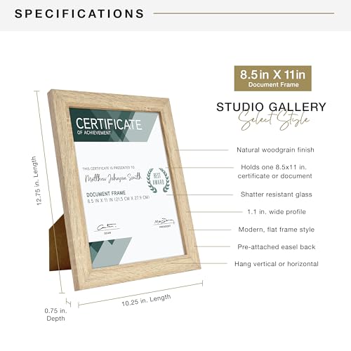 MCS Studio Gallery 8.5x11 Picture Frame Natural Woodgrain, Rectangle Photo Frame for Photos, Posters & Art Prints & Easel for Tapletop Display (1-Pack)