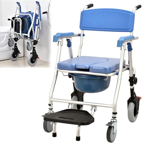 KLYDBMYT Silla de Ruedas con Inodoro y Ducha Plegable, con Ruedas, Cubo extraíble y Multifuncional 4 en 1 para Mayor Movilidad y Comodidad.