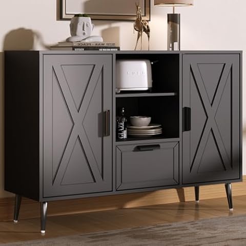 ZERDER Sideboard Buffet Cabinet with 2 Doors and 1 Drawer, W 47.2" Storage Cabinet, Coffee Bar Cabinet, Kitchen Buffet Sideboard with Shelves, TV Console Cabinet Stand for Living Room, Black Cover