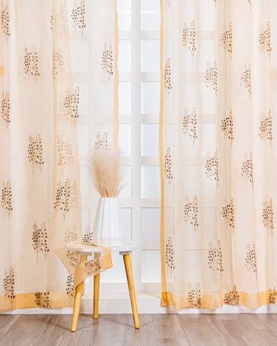 Image of (7 ft Tissue Embroidered Curtain | Leaf Design Eyelet Window Curtain | Vintage Classical Floral Print | for Home | Beige & Grey (Pack of 2) | 213 L x 121 W Centimeters