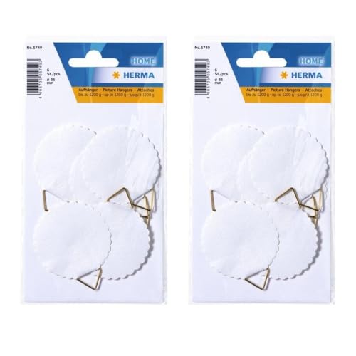 HERMA 5749 Bildaufhänger zum kleben, groß (Ø 55 mm, Papier mit Leinenstruktur) selbstklebend, wasserlöslich gummiert, Tragkraft 1.200 g, weiß (12 Haken - Ø 55 mm)