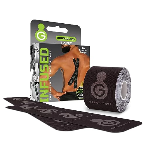 Green Drop Kinesiology Tape, Infused For Muscle Recovery - Therapeutic Sports Tape For Shoulder, Knee, Back - Black, Precut Strips, 20 Count #TOP25