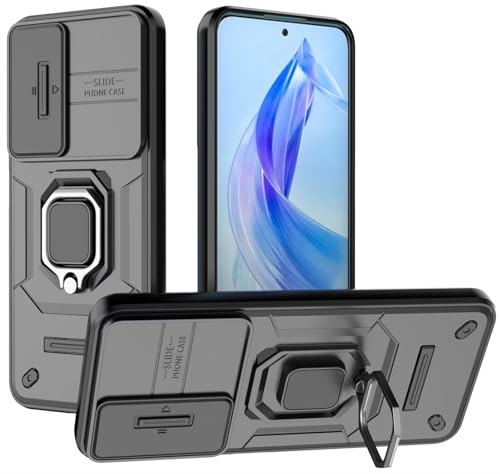 DERHAN Case for Honor 90 Lite with Tempered Glass [2 Pieces] Scratch Resistant Case with Lens Cap [Protects Camera] Shockproof Case Cover Bumper with Ring Stand - Black