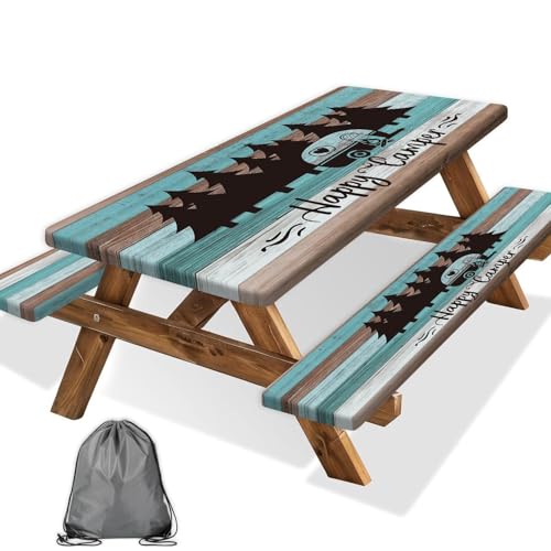 VeiVian Happy Campers Picnic Table Cover with Bench Covers, Rustic Wooden RV Travel Trailer Waterproof Tablecloth for Patio Camping Indoor Outdoor Party Decorations with Drawstring Bag, 30X72in, 3PCS