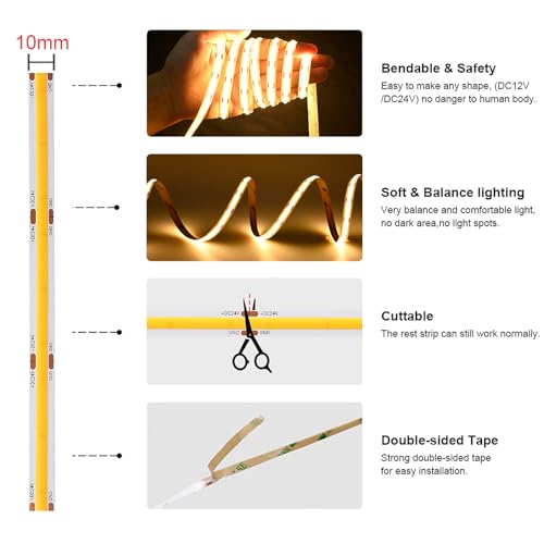 Tira LED COB flexible 16.4ft luz blanca natural 4000K miniatura 4