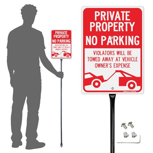 Faittoo Large Private Property No Parking Sign with 54 Metal Thick Stake 14x10 Vehicle Towed At Owners Expense Rust Free Aluminum Sign Reflective Fade Resistant Easy to Mount Outdoor Use