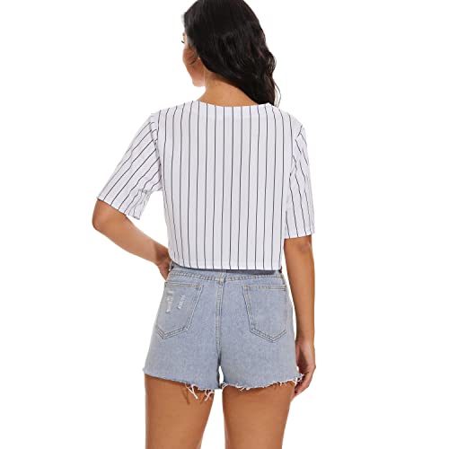Women's Baseball Jersey Short Crop Tops Blank Button Casual Softball Shirt Activewear Tee Summer Clothing (Stripe,S,Small,Regular,Regular) #TOP3