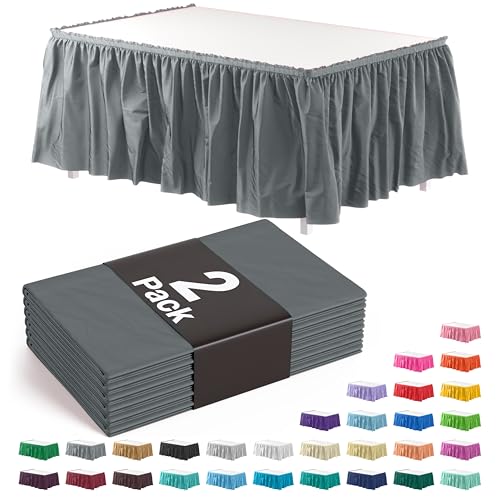Exquisite Silver Table Skirt 2 Pack - Disposable Plastic Table Skirts for Rectangle Tables 6ft 8ft & Round Tables - 29in x 14ft Self-Adhesive Strip - Birthday Wedding Gender Reveal Decor