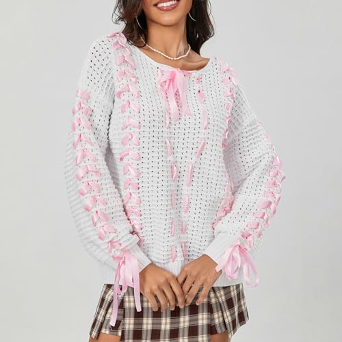 Women Cute Bow Sweater Long Sleeve Bow Front Knitted Pullover Ribbon Lace Up Cable Jumper Knitwear Going Out Top2