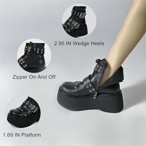 Image of FOREADA Goth Boots Chunky Heel Boot For Women Ankle Combat Booties Black Platform Bootie Buckle Rivets Punk Goth Shoes With Zipper