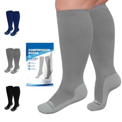 Image of 3 Pairs Plus Size Compression Socks 20-30mmHg for Women Men, Wide Calf Graduated Compression Stockings for Nurses, Pregnant, Travel, Flying(S /M-7XL)