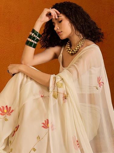 Image of SAREE MALL Women's Chiffon Daisy Floral hand paint Tassel Pallu Lightweight Summer Saree