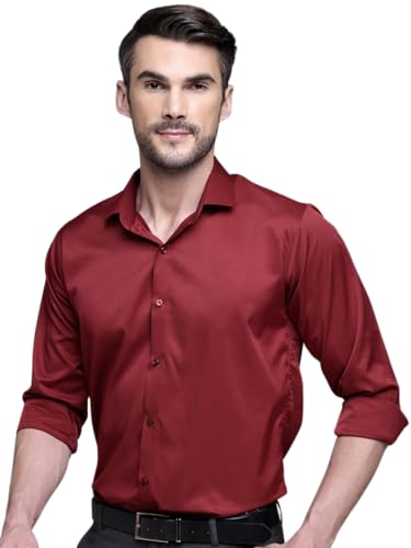 Image of IndoPrimo Men's Satin Shirt with Spread Collar Neck Line Solid Pattern Full Sleeves Regular Fit Western Style and Standard Length