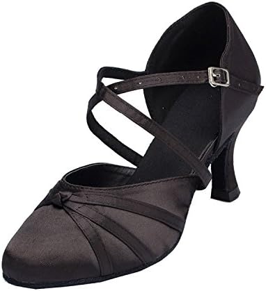 Minishion Women's Closed Toe Dance Heels Black Satin Latin Ballroom Dance Shoes US 9