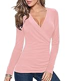 Afibi Womens Slim Fitted Deep V Neck Cross Wrap Top Long Sleeve T-Shirts (X-Large, Pink)