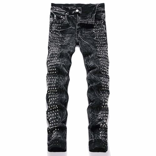 Men's Retro Style Straight Slim Fit Jeans Side Rivets Decoration Denim Jeans Punk Style Trousers