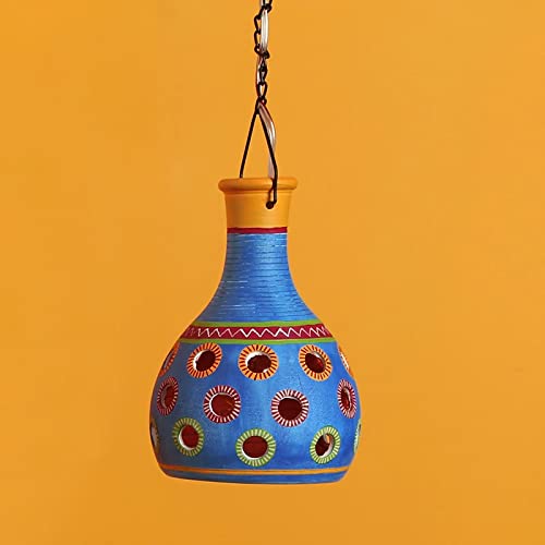 Image of AAKRITI ART CREATIONS Azure Gourd Handcrafted Hand-Painted Terracotta Pendant Lamp for Living Room Ceiling | Hanging Lamp Decor | Ceiling Hanging Lights for Living Room | Fancy Lights for Living Room