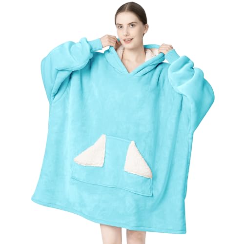 Touchat Wearable Blanket Hoodie, Oversized Sherpa Blanket Sweatshirt with Hood Pocket and Sleeves, Super Soft Warm Plush Hooded Blanket for Adult Women Men, One Size Fits All (Teal)