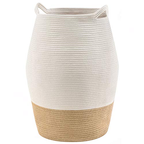 Image of YOUDENOVA XXL Cotton Rope Laundry Hamper - 105L Woven Collapsible Laundry Basket - Clothes Storage Basket for Blankets, Laundry Room Organizing, Bedroom Storage, Clothes Hamper - White & Brown