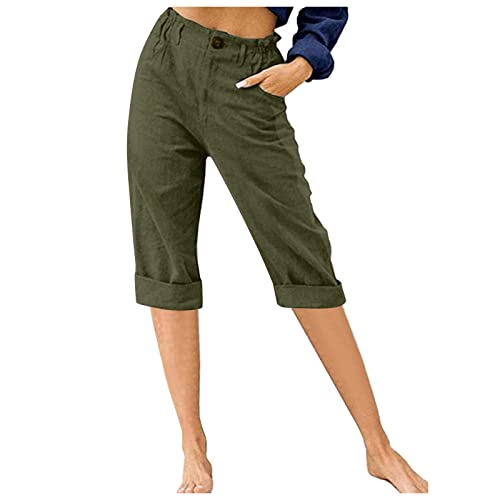 CFDRFGH Capris for Women Summer Cotton Linen Pants Casual 2025 Loose Comfy Trendy Elastic Waist Cropped Trouser Beach Clothes, Army Green, Small