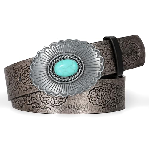 Women's Western Leather Belt Vintage Medieval Turquoise Buckle Belt Ladies Cowgirl Leather Waist Belt
