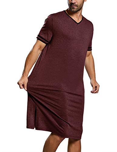 Pretifeel Mens Nightshirts Short Sleeve Casual Cotton Sleepshirt V Neck Raglan Nightgrown Pajama Long Lightweight Sleepwear