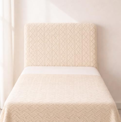 Image of HOMETHREADS Stretchable Lycra /Velvet Headboard Cover | Soft, Dust-Proof & Wrinkle-Resistant Bed Back Protector | Fits Leather, Wooden & Fabric Bedsides | for 5ft to 6.5ft Beds (Cream, 85x65cm)