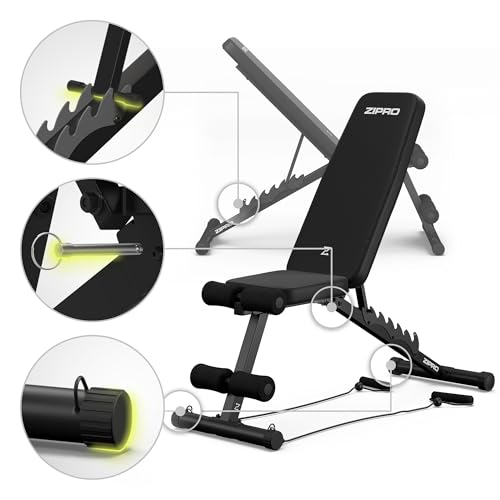 ZIPRO Tempo klappbare Hantelbank mit Expander-Seilen – Verstellbare Fitnessbank mit 6-fach Rückenlehne, Dreiecks-Stahlrahmen, Belastbar bis 230 kg, Trainingsbank für Sit-Ups, Krafttraining & Home-Gym – Bild 6
