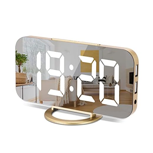 Reloj Digital con Pantalla Grande, con LED y Superficie de Espejo para Maquillaje con Modo de atenuación, 3 Niveles de Brillo, Puertos USB duales, decoración Moderna para , Dormitorio, Color Dorado