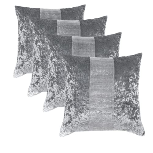 RKAAS HOME Super Soft Decorative Luxurious Diamante Sparkle/Bling Crushed Ice Velvet Square Cushion Cover for Living Room Sofa Couch Bed 45cm x 45cm 18x18 Inches (Pack of 4 - Silver Grey)