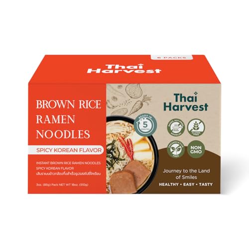 Thai Harvest Instant Brown Rice Ramen – Baked, Not Fried, | Spicy Korean Flavor | Healthy 6-Pack Noodles | Non-GMO, 0% Cholesterol