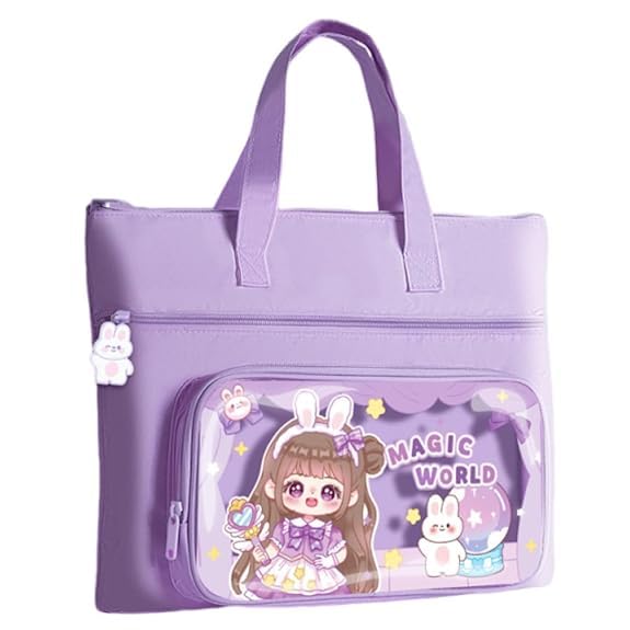 Kids Cute Cartoon Printed Tote Hand Bag with 3 Zipper Compartments, Large Capacity Stationery & Book Carry Bag with Handle, Durable Tuition Art Class Organizer Bag for Kids & Student-image-43