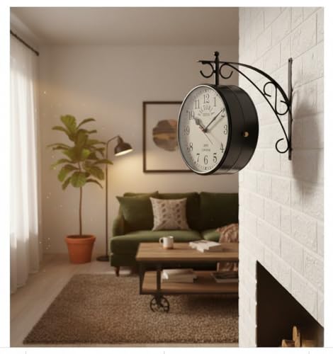 Image of Double-Sided Wall Clock | Trending Design | Classic Hanging Bracket Clock for Home & Cafe Decor (10 inch White Dial)