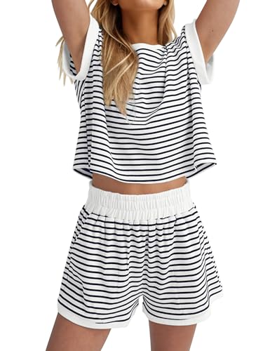 Women Summer 2 Piece Lounge Sets Striped Short Sleeve Tee Shirts Mini Shorts Loungewear Shorts Set Ribbed Pajama Set