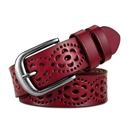 Lalafancy Cinturón de las mujeres de cuero genuino del zurriago de la vendimia Moda diseño floral hueco Cinturón de las señoras con hebilla de aleación para los pantalones vaqueros (Rojo)