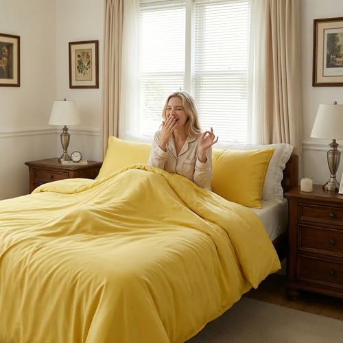 HeimenAogo High TC Egyptian Cotton Duvet Cover Queen Sateen Weave, Silky Soft and Breathable Bedding Set with Zipper Closure, Extra-Long Staple Cotton Bed Linen Aurora Yellow 3Pcs 90"×90" by HeimenAogo - Used condition - Image 8