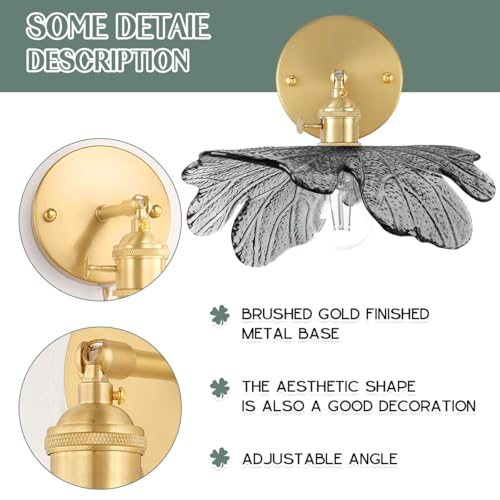 Image of Vintage Wall Sconce Gray Flower 1-Light Bathroom Vanity Light | Gold Brass Wall Light with Flower Glass Shade Hradwired Mid Century Modern E26 Base for Over Mirror Bedside Bedroom Doorway