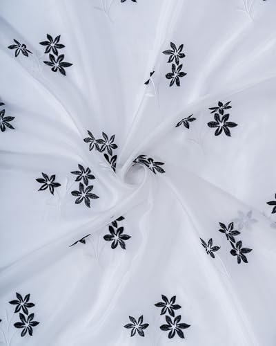 Image of (7 ft Sheer Tissue with Embroidery 3 Flower Design|Grommet Curtains Window Long Curtain|Tissue Fabric Window Single Curtain (Black&White)|for Home|(Pack of 1)|213 L X 121 W cm