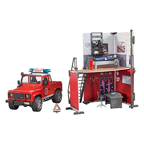 Bruder 62701 Bworld Set - Firestation W Land Rover Defender Truck, Fireman And Accessories, L&S Module #TOP3