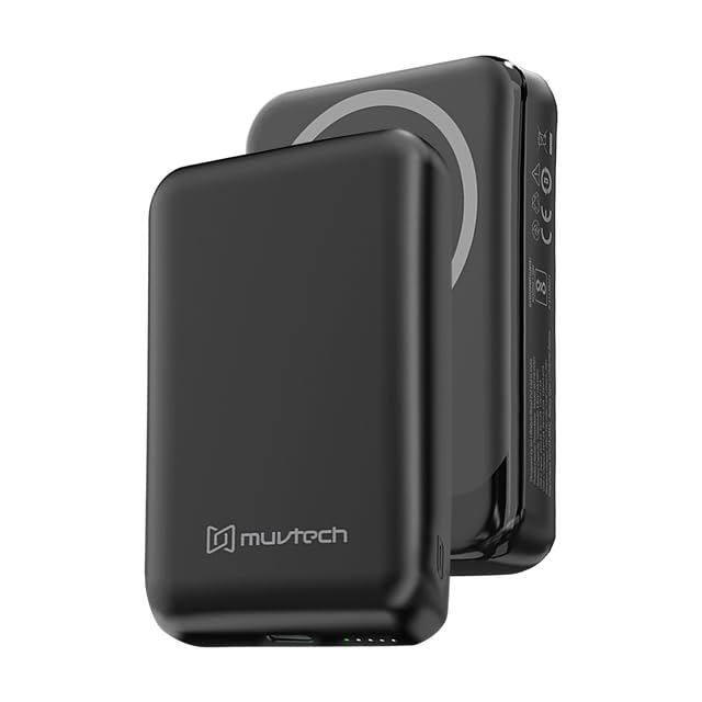 muvtech power mate 10000mah power bank | magnetic wireless portable charger compatible with magsafe iphone & qi devices | dual charging (wireless + wired) | slim & lightweight with smart protection