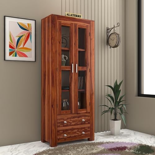 Image of Wood Book Shelf for Home Library | Wooden Book Shelf with Glass Door | Kitchen Crockery Cabinet, Almirah, Home Furniture, Books Rack, Book Stand, BookCases, Shelves, Honey Finish