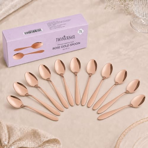 Image of Nestasia Stainless Steel 12 Piece Cutlery Set for Dining Table - Rust & Stain Resistant Spoons with Glossy Finish | Rose Gold PVD-Coated Flatware Set for Home, Kitchen & Gifting
