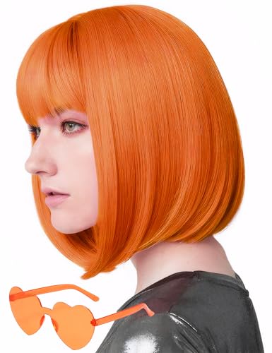 MIUSKATL 12 Inch Short Bob Wigs with Bangs Sunglasses for Women(Orange)