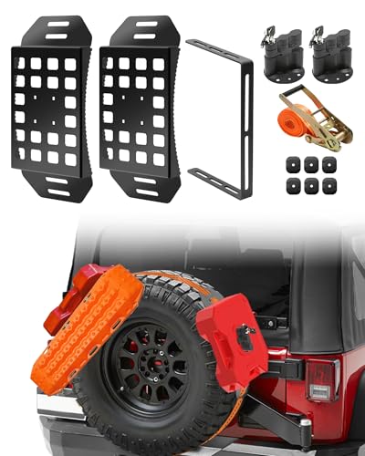 Krysolad 2 Pcs Lockable Universal Quick Release Spare Tire Mount with Ratchet Strap Molle Panel Tire Mount with Oil Drum Lock and Vehicle Tow Plate Mount Steel Fit for 30 - 40 Diameter Tires