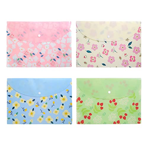 Plastic Envelope Floral Filling Document Folders A4 File Envelopes with Snap Closure 4pcs File Folders