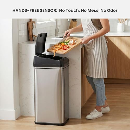 Image of iTouchless 13 Gallon Sensor Trash Can with AC Adapter, Battery-Free Stainless Steel Automatic Bin with Odor Filter, Great for Kitchen and Office