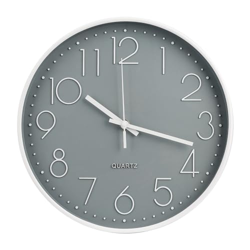 Wall Clock 10 Inch Non-Ticking Silent Modern Simple Style Round Decor Clock Gray Stereoscopic Dial Quartz Wall Clocks for Home/Office/School/Living Room/Bedroom/Kitchen