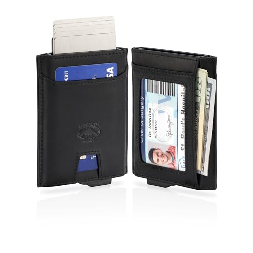 Stealth Mode Pop-Up Leather Wallet - RFID Blocking Front Slim Wallet for Men - Minimalist Napa Leather Men's Wallet With 8 Card Holders, ID Card Holder With Clear Window & Bills Pocket - (Black)2