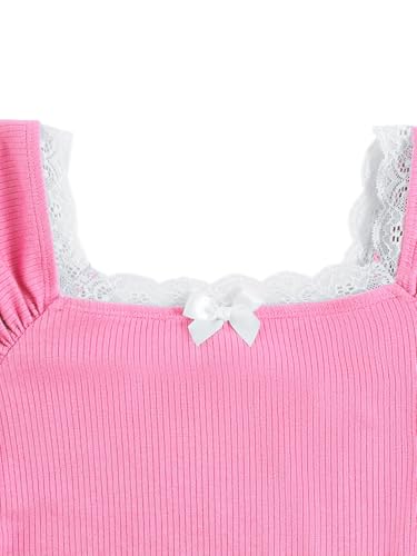 Milumia Girl's Cute Y2K Ribbed Lace Trim Bow Short Sleeve T-Shirts Ruched Square Neck Tee Tops4