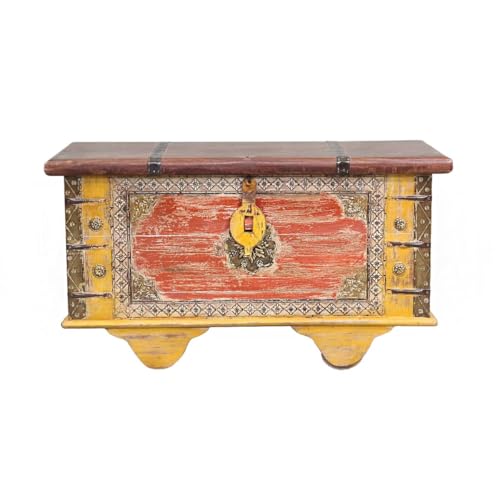 Oriental Galerie Shabby Chic Holztruhe mit Messingbeschlag Schatztruhe mit Rollen Truhe Kiste Box Holz Indien Massiv Antik-Optik Gelb Braun 80 cm